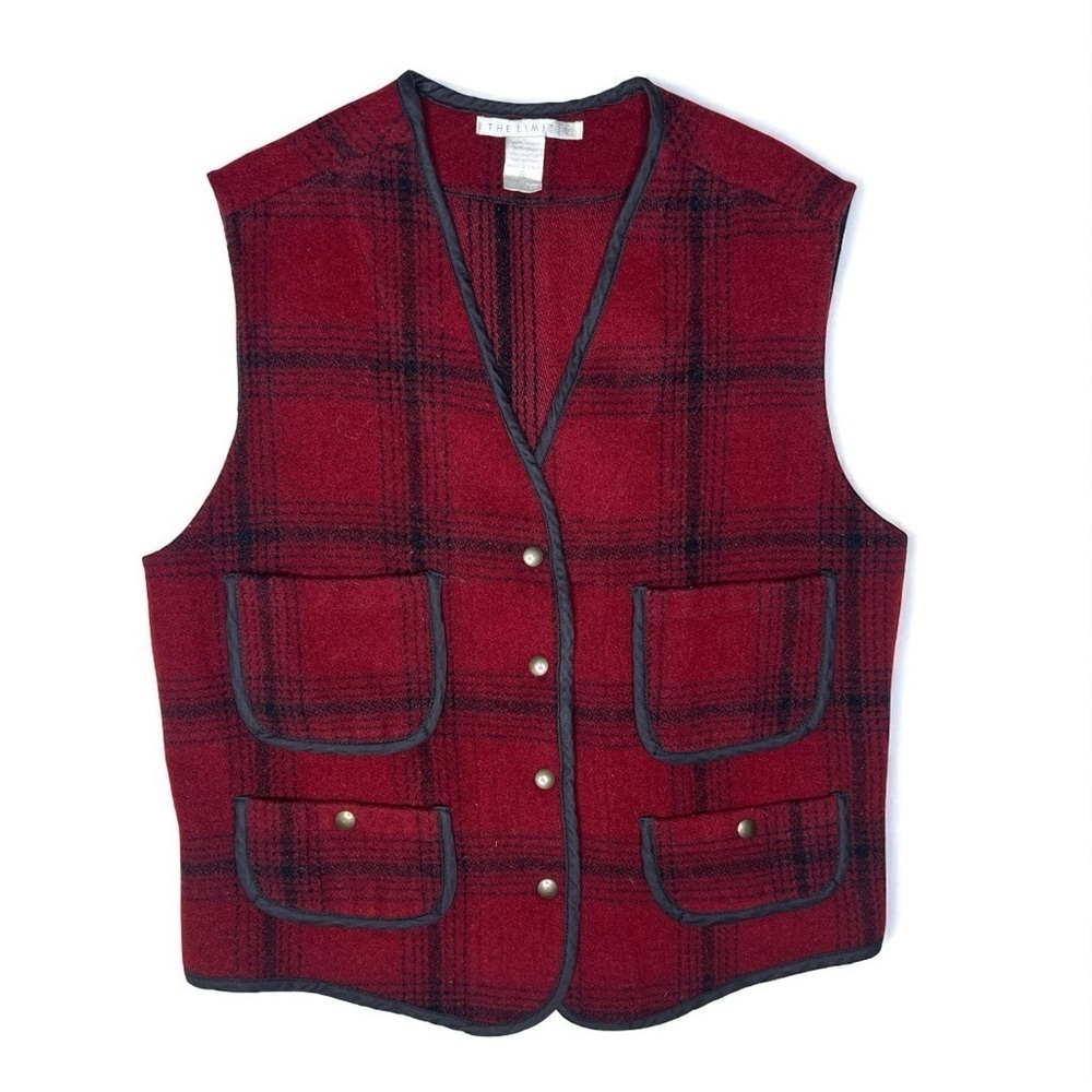 Vintage The Limited Red Plaid Wool Blend Vest Women’s Size M Snap Button Pockets